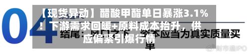 【现货异动】醋酸甲酯单日暴涨3.1%!下游需求回暖+原料成本抬升,供应偏紧引爆行情